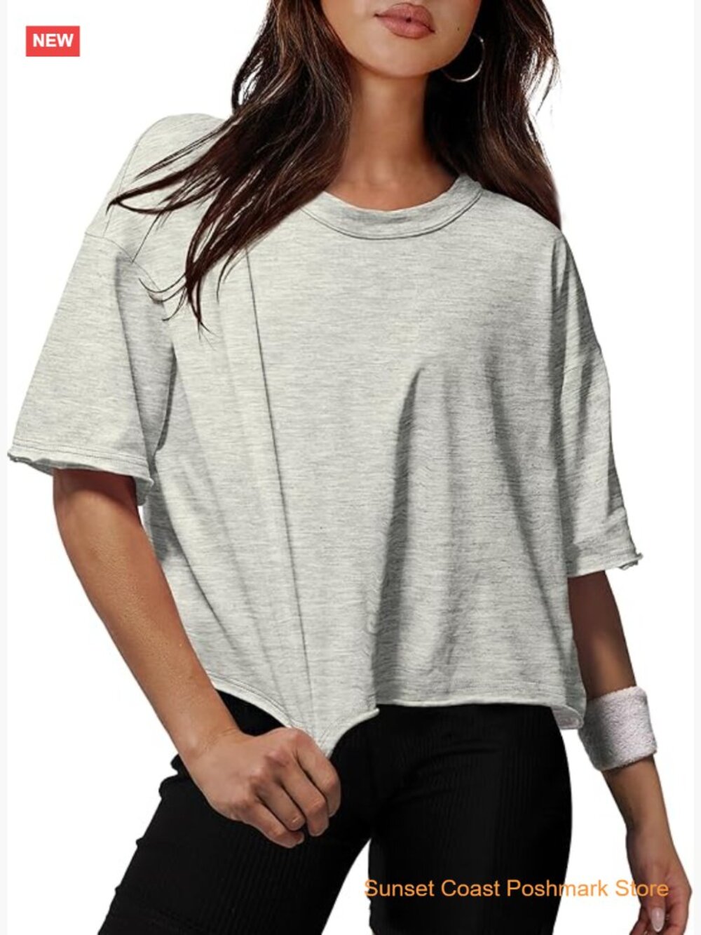 Oversized Crop Top Cotton Drop Shoulder Round Neck Boxy Tee Workout Tops